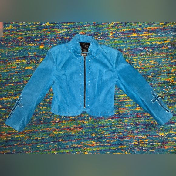 Vintage Arella turquoise/aqua blue real leather jacket XL with rhinestones - Picture 1 of 12